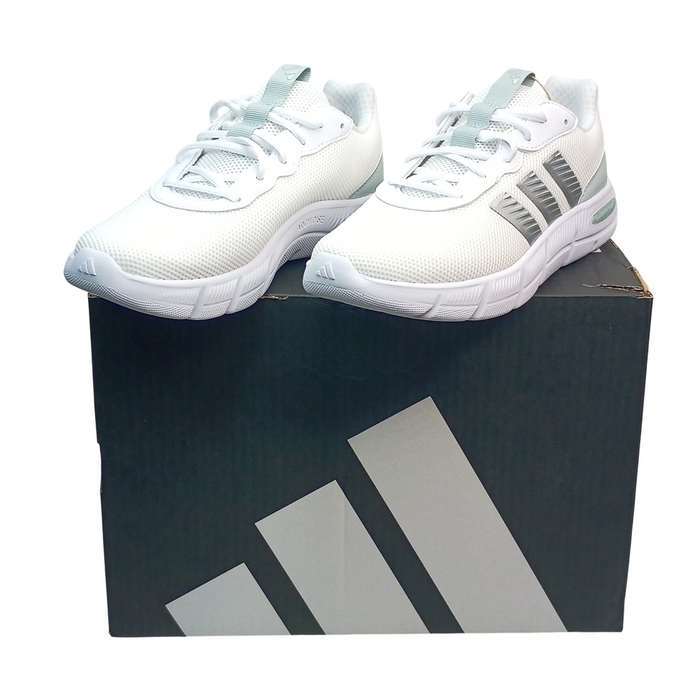 Adidas Cloudfoam Flex Laces Shoes Women Size 7 White Silver Mesh Running JS4891‎